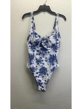 Berlook White & Blue Floral One Piece Swimsuit Size Large New